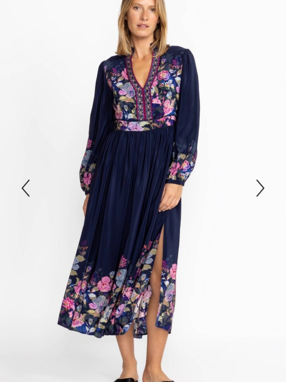 JOHNNY WAS Valeria Silk Maxi Dress Floral Embroidered Boho, Navy | Sz S | NWT